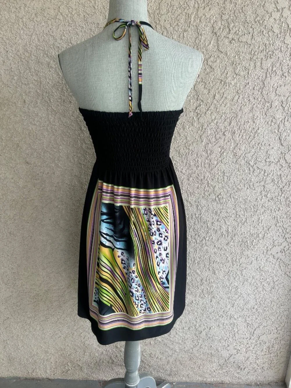 Y2K Black Halter Tube Dress Smocked Bodice Beads Medium